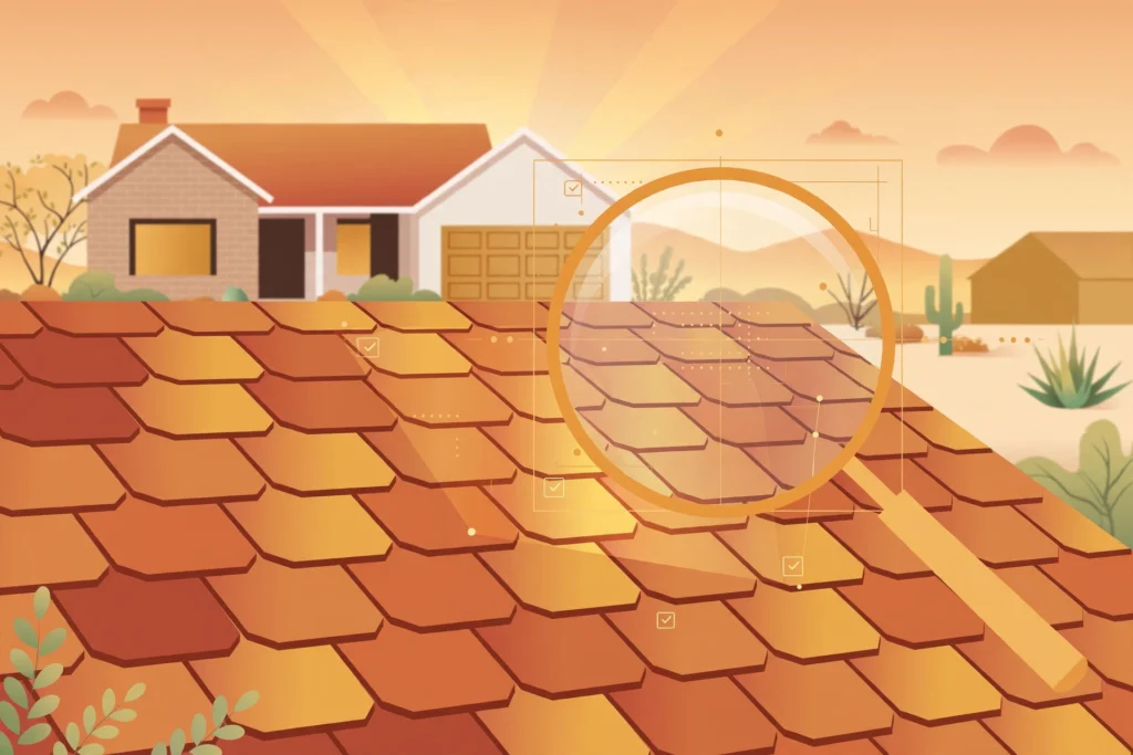 Editorial illustration of a Texas home with a close-up of its shingled roof and a magnifying-glass motif suggesting inspection, warm sunset tones