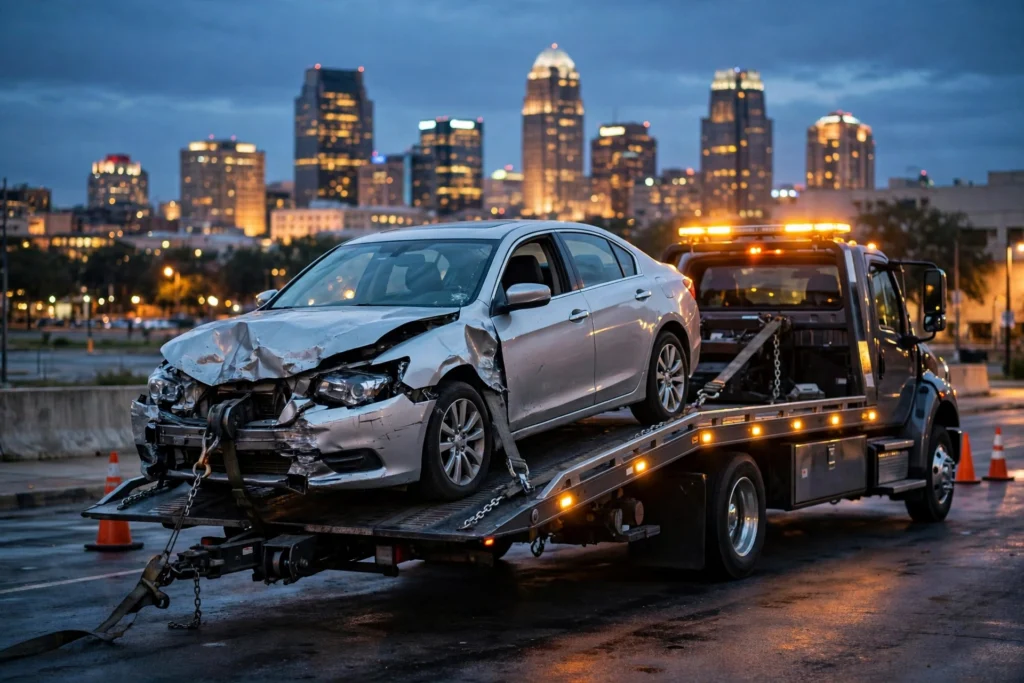 Tow truck loading a damaged sedan onto its flatbed at dusk, city glow suggesting Fort Worth in the background