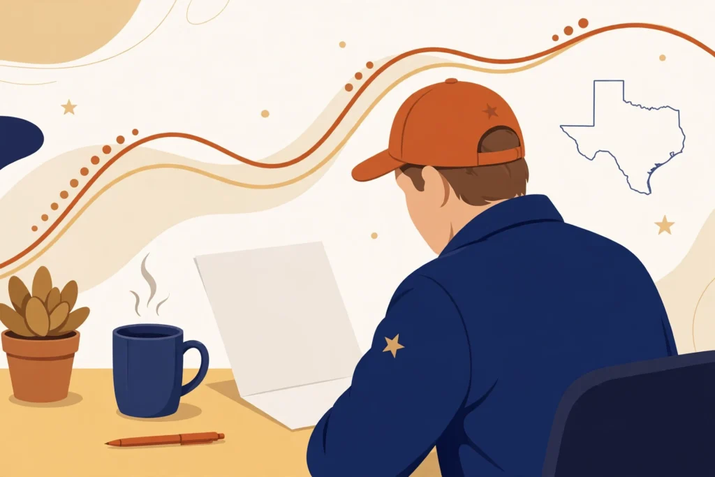 Texas driver seen from behind reviewing a car-insurance renewal letter at a desk, with a rising-and-falling rate-trend line chart and a Texas state outline in the background, navy and burnt orange tones