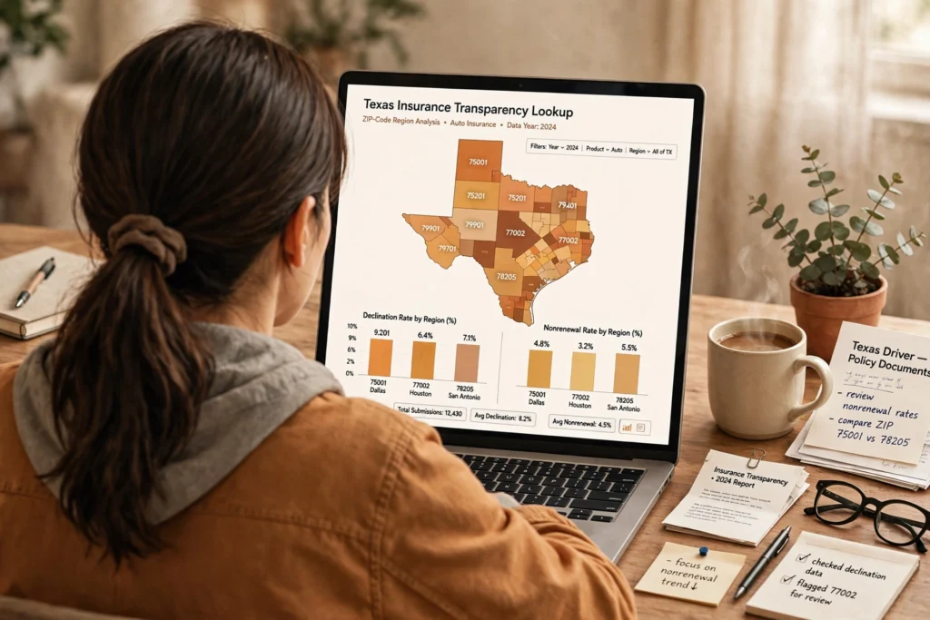 Texas driver using a laptop showing an insurance transparency lookup dashboard with ZIP-code declination data