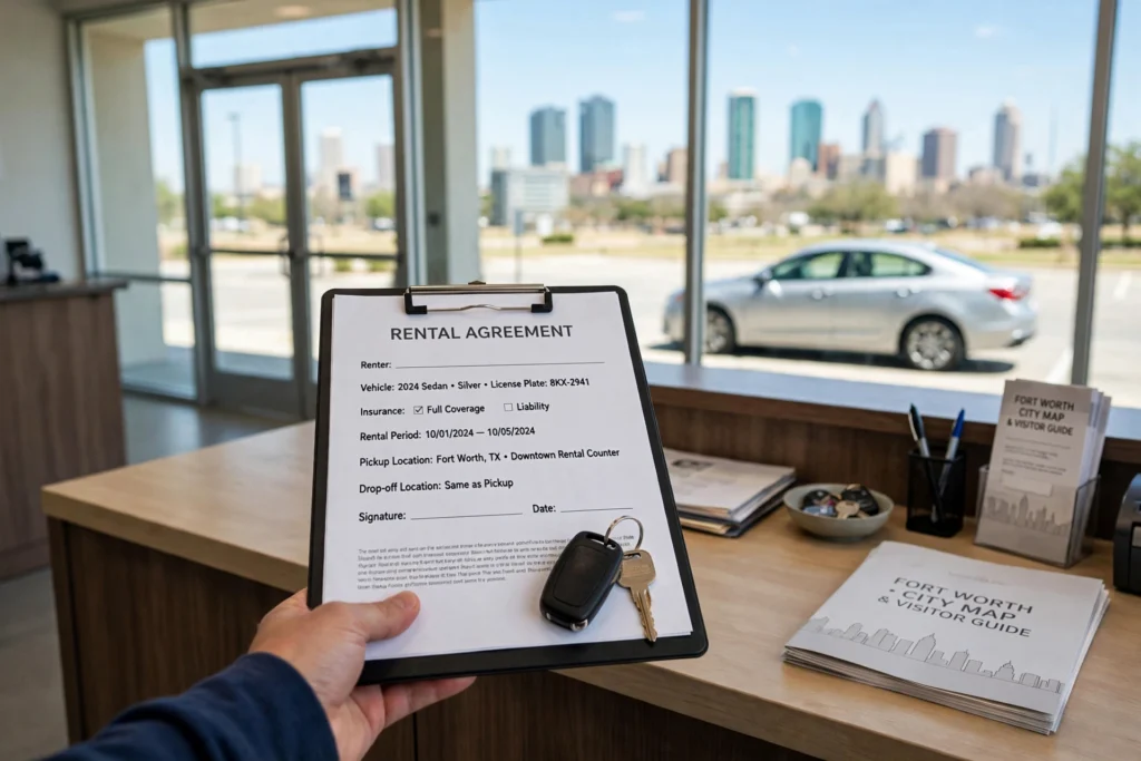 Rental car hand-off scene with rental agreement paperwork and keys on a clipboard, Fort Worth skyline in the background
