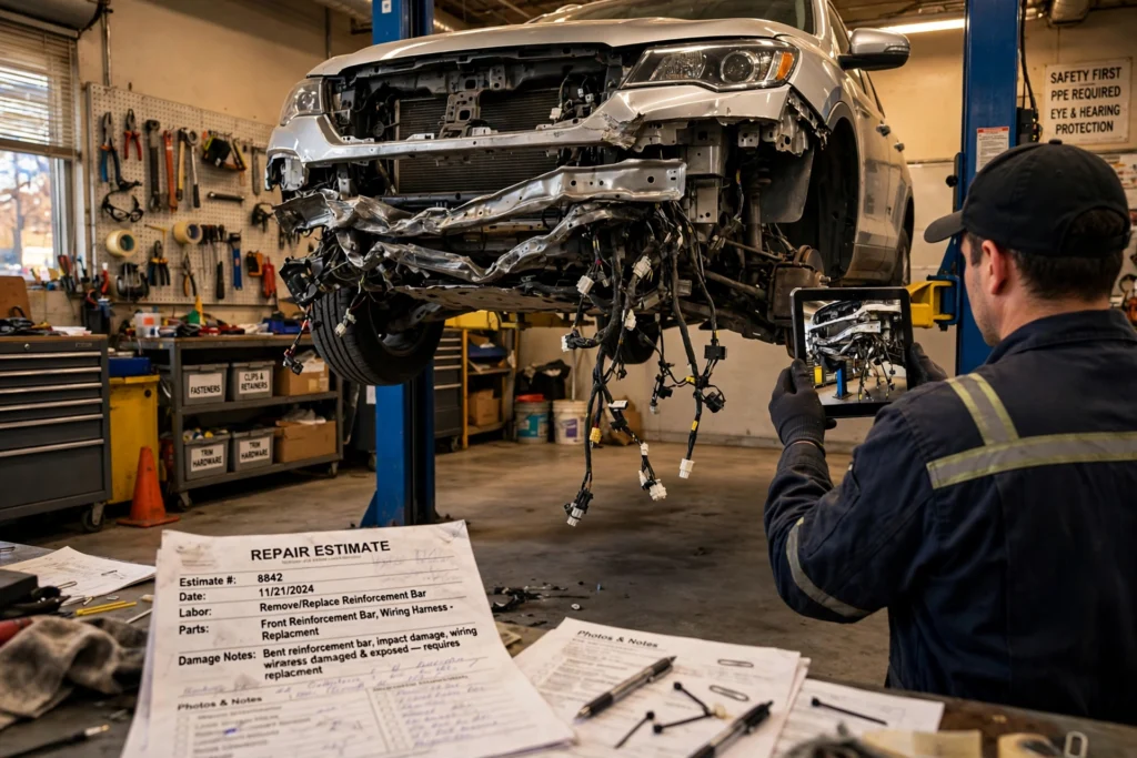 Vehicle with front bumper cover removed on a lift, technician photographing hidden damage with a tablet